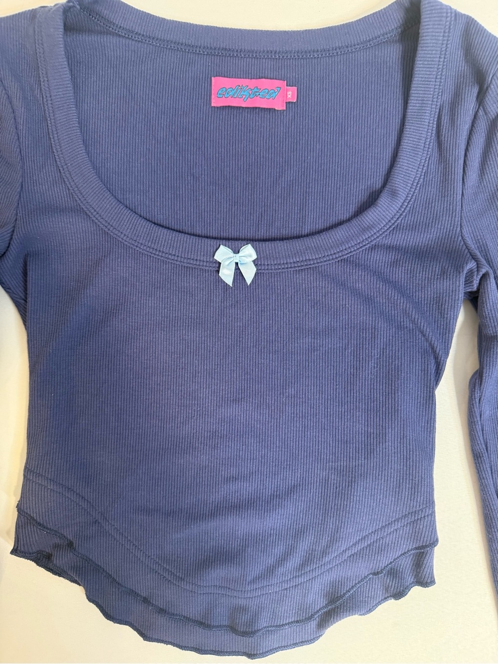 Edikted Navy Ribbed Long-Sleeve Top with Light Blue Bow